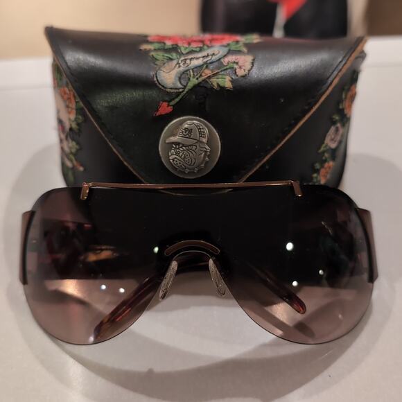 Ed Hardy EHS003 Cocoa 125 Rimless Sunglasses Case Vintage Y2K Skull Swarovski - Picture 1 of 9